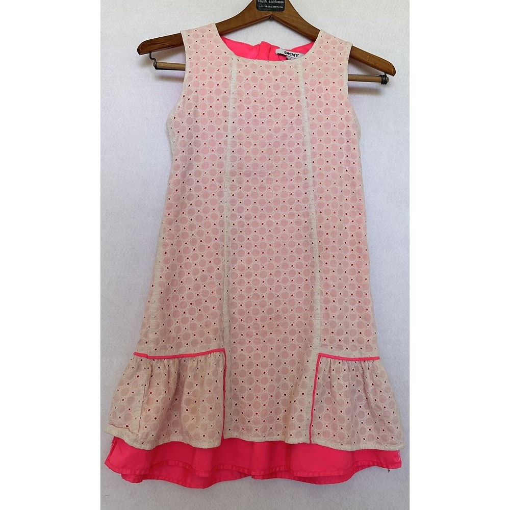 DKNY Eyelet Sleeveless Summer Dress Girls Large Eyelet Pink White Cottagecore